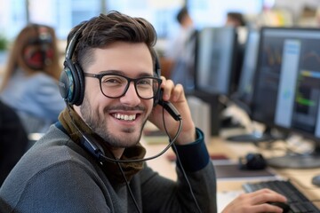 A friendly customer service representative wearing a headphone