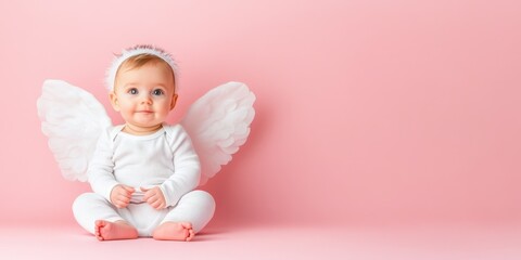 Adorable baby dressed as an angel with white wings, sitting against a pink background. Valentine's Day love concept.
