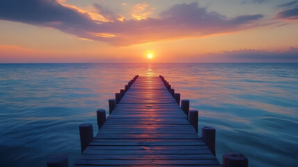 Obraz premium sunset on the ocean with a long dock leading into the water