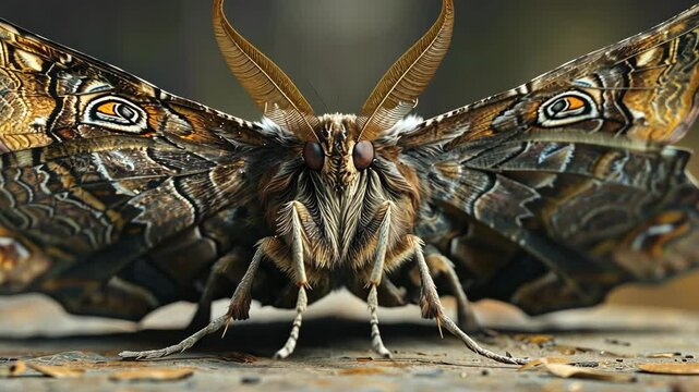 A close look at a magnificent moth displaying intricate wing patterns in a natural forest setting during early morning hours