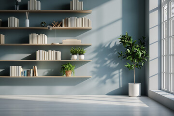 Office interior backdrop for online meetings. Light home office setting bookshelves background. Minimalist online workspace aesthetics. Video conferencing room design in pastel tones.