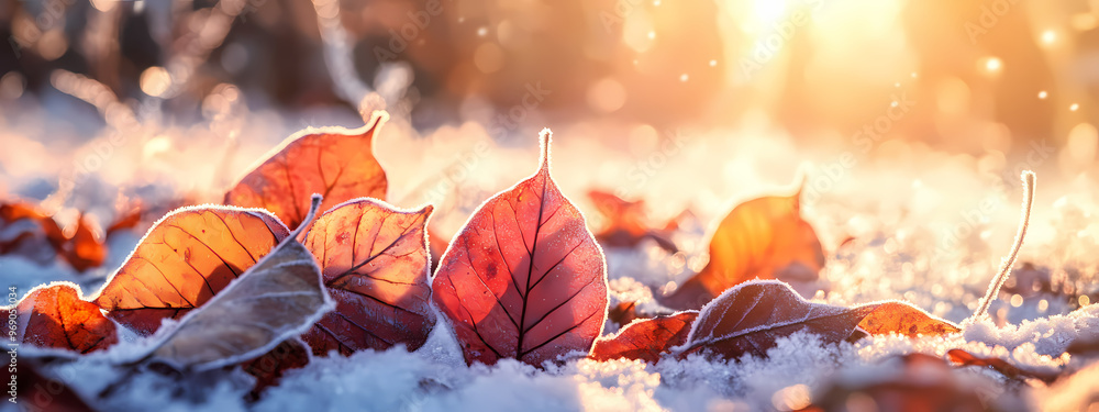 Sticker Red Leaves with Frost at Dawn