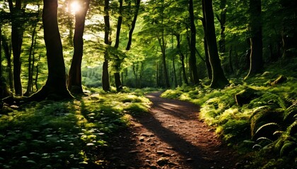 Obraz premium A peaceful forest path bathed in sunlight, winding through a dense grove of lush green trees. The dappled light creates a serene and inviting atmosphere, perfect for a tranquil walk in nature.. AI