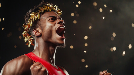 a victorious athlete being crowned with a laurel wreath, capturing the moment of triumph, winner or champion