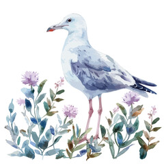 Gull and Floral Hand-drawn Watercolor Illustration Isolated