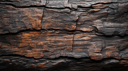 Textured surface of dark, charred wood with intricate patterns and warm highlights.