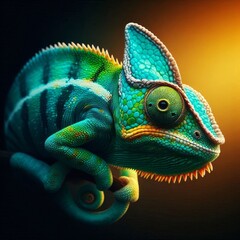 A close-up image of a chameleon highlighted by a warm light, emphasizing its vibrant colors and textured scales. The lizard. AI Generation