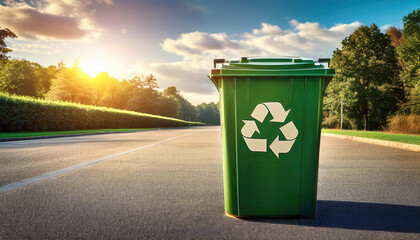 green trash can with a recycling sign on, green field and trees in the background