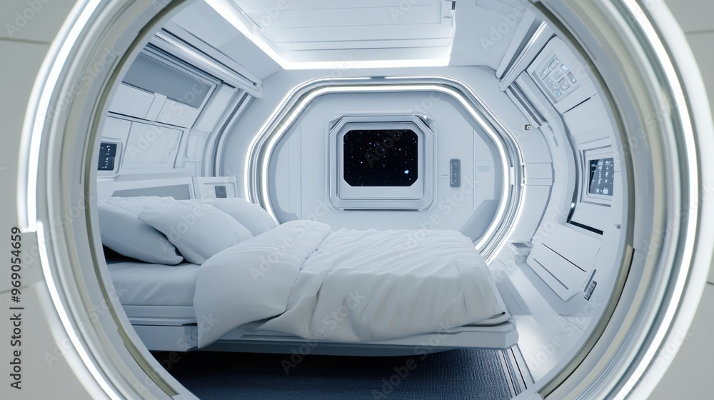 Aufkleber a view of a bed in an alien spaceship with the window open, ai