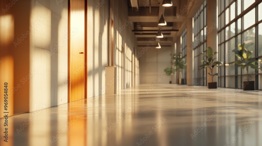 Poster sunlit hallway with elegant design and plants creating a calm atmosphere in modern architecture
