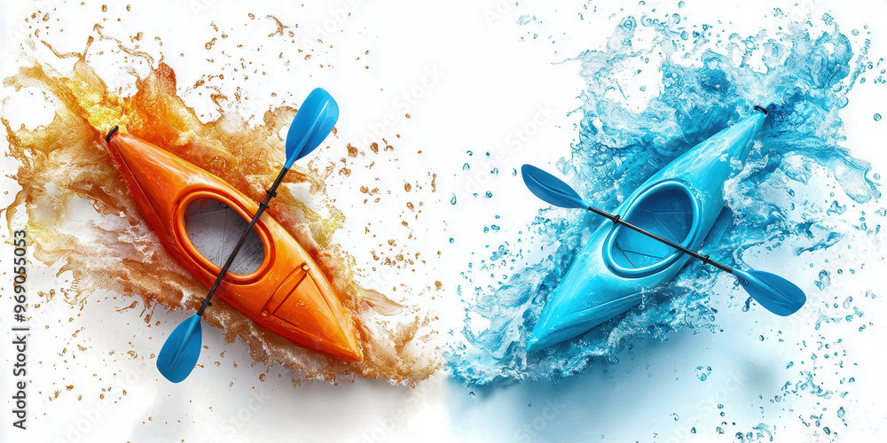 Poster dynamic kayaks create splashes in vibrant orange and blue tones, capturing action and adventure in a