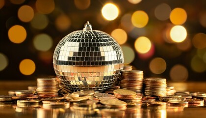 Obraz premium Disco ball, Financial theme depicting a disco ball resting on a pile of coins. This image represents concepts of money and wealth in global finance,disco ball 