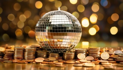 Obraz premium Disco ball, Financial theme depicting a disco ball resting on a pile of coins. This image represents concepts of money and wealth in global finance,disco ball 