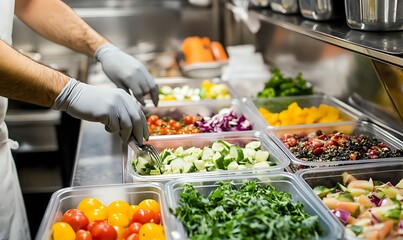 Close up of a chef's gloved hand reaching into a container of fresh cucumber salad.