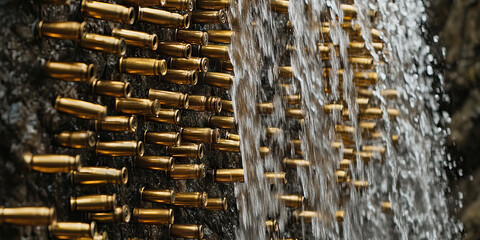 Cascade of Combat: A waterfall-inspired sculpture made entirely from bullet casings, cascading down a stone wall in a mesmerizing display.
