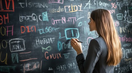 Teacher writing foreign words on a chalkboard