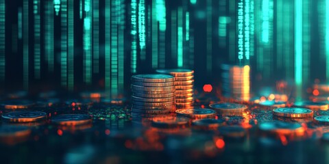 Obraz premium Double Exposure Stock Market Graph with Coins