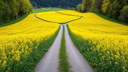 Obraz premium A road leading to a field of yellow flowers with trees in the background, AI