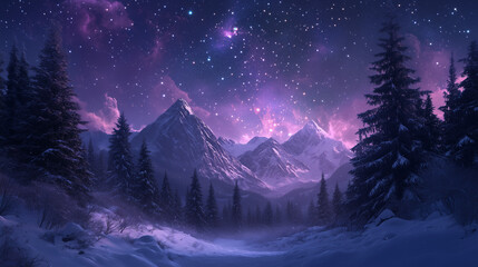 snowy mountain landscape in winter time with milky way