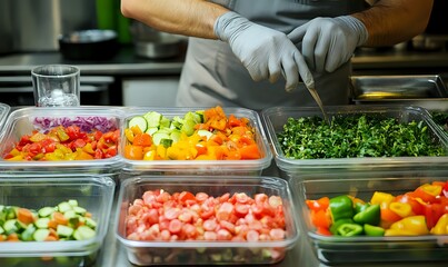 A person preparing a salad with fresh vegetables in a kitchen.