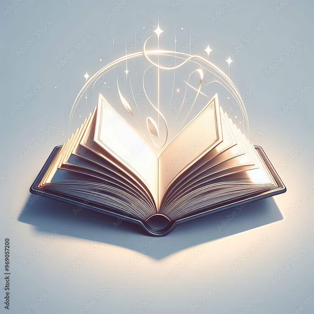 Poster a captivating illustration of an open book emitting a magical, ethereal glow with abstract symbols f