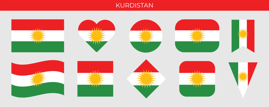 Kurdistan flag set. Kurdistan flag of different shapes. Vector illustration isolated on white background