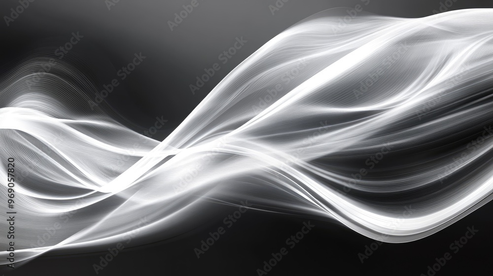 Poster ultra-wide background image featuring glowing transparent white lines and dynamic flowing waves, ide