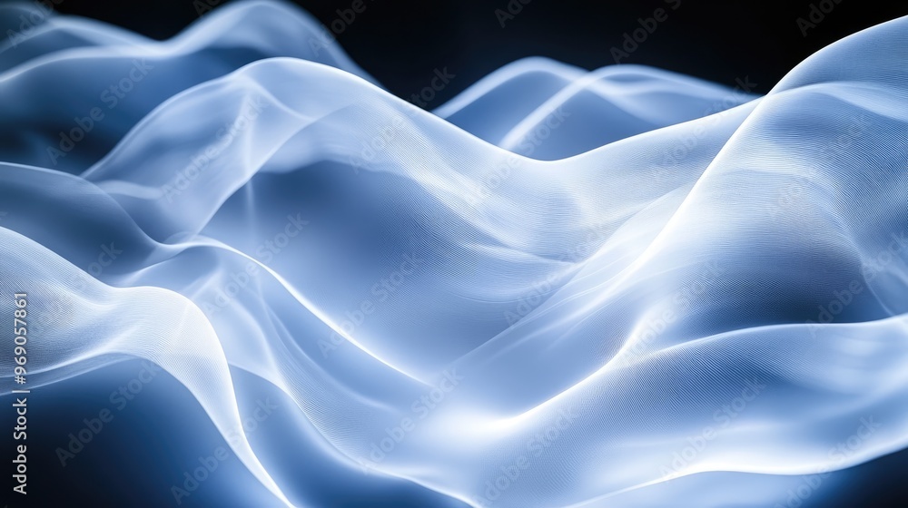 Poster ultra-wide background image with dynamic glowing transparent white lines and flowing waves, creating
