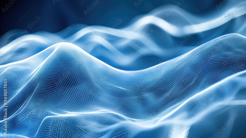 Poster ultra-wide background image with dynamic glowing transparent white lines and flowing waves, creating