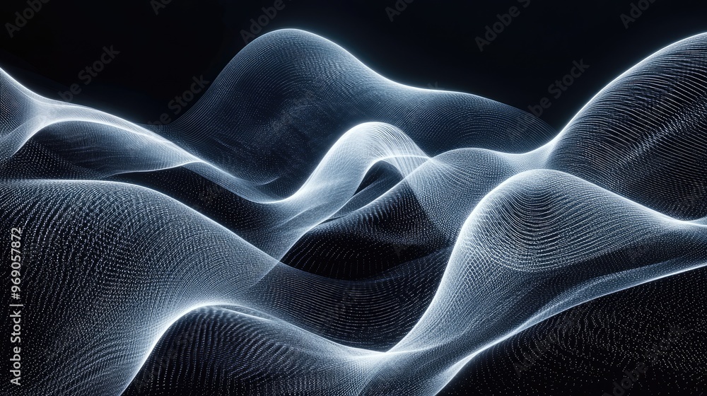 Poster ultra-wide background image with dynamic glowing transparent white lines and flowing waves, creating