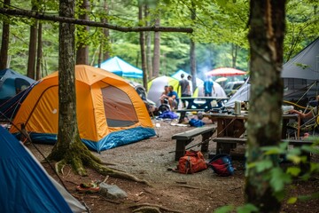 Rustic Campsite Vibes: Campers Organizing Gear and Setting Up Tents for Outdoor Adventures