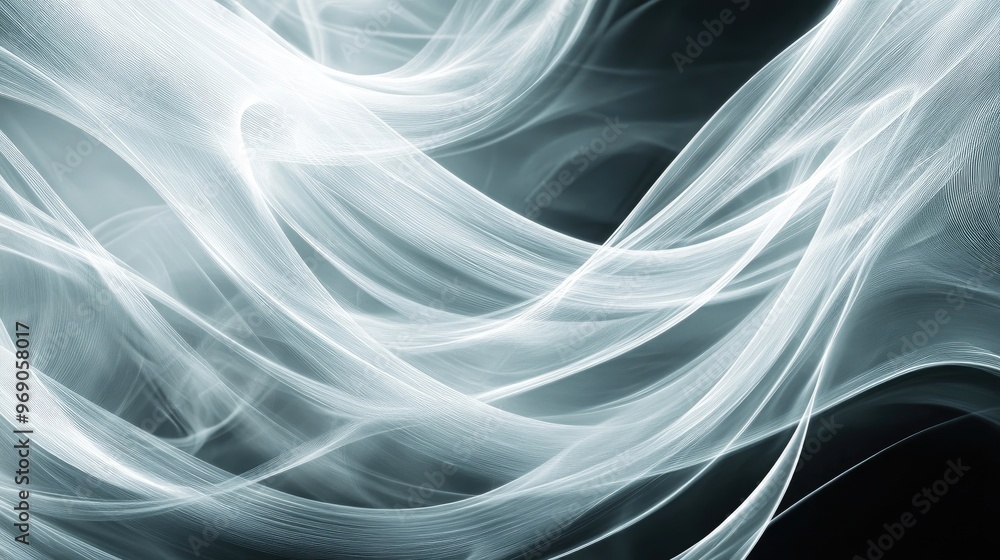Poster ultra-wide background image with glowing transparent white lines and smooth waves, designed with a d