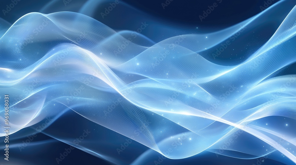 Poster ultra-wide background image with smooth flowing waves and glowing transparent white lines, creating 