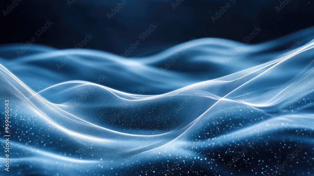 Poster ultra-wide background image with smooth flowing waves and glowing transparent white lines, creating 