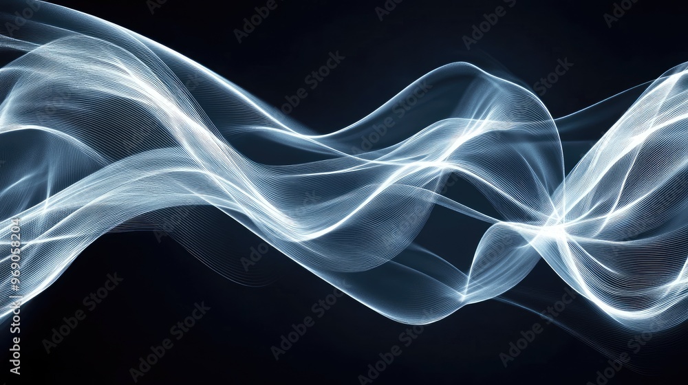 Poster ultra-wide design with glowing transparent white lines and waves, forming a smooth, dynamic backgrou