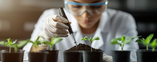 Female scientist testing soil in a laboratory to enhance smart farming practices for better yield, agricultural science, yield improvement