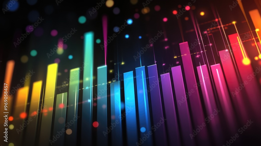 Poster vibrant data trend graph in colorful bars and lines, displaying business profits against a dark back
