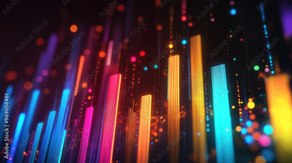 Poster vibrant data trend graph in colorful bars and lines, displaying business profits against a dark back