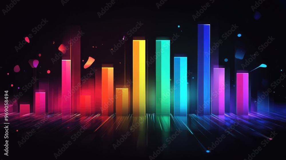 Poster vibrant data trend graph in colorful bars and lines, displaying business profits against a dark back