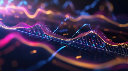 Vibrant data graph with glowing transparent waves and lines, showcasing business trends and profits on a sleek dark background