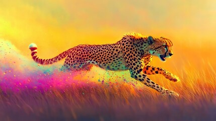 Vibrant digital art of a cheetah in motion, racing across a colorful grass field with transparent colored smoke trailing behind