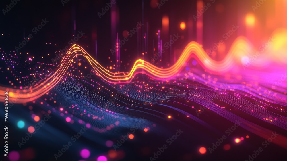 Poster vibrant graph displaying data trends and profits, overlaid with glowing transparent lines and waves,