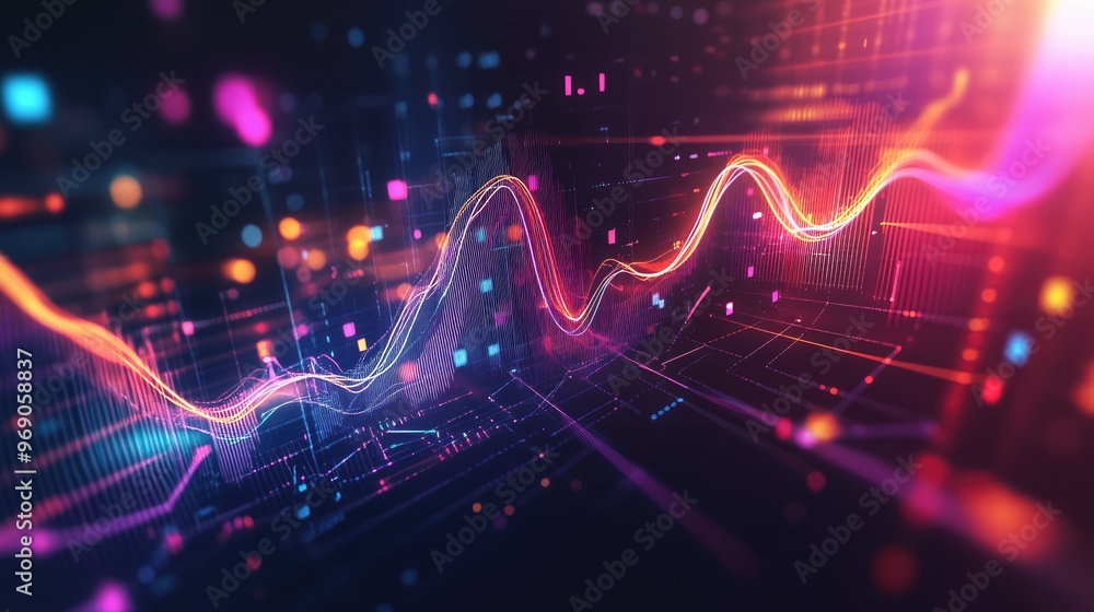 Poster vibrant graph displaying data trends and profits, overlaid with glowing transparent lines and waves,