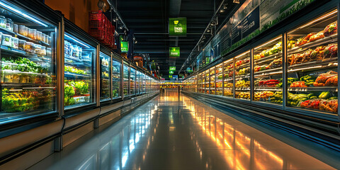 Sustainable Solution: Eco-friendly refrigeration systems and energy-efficient lighting illuminate aisles lined with organic, locally sourced foods.