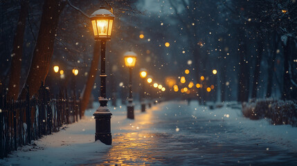 night winter city park with lanterns and trees