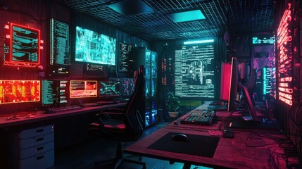 Neon cyberpunk underground hacker den
