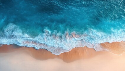 Aerial View of Turquoise Ocean Waves Crashing on Sandy Beach