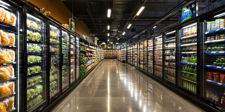 Sustainable Solution: Eco-friendly refrigeration systems and energy-efficient lighting illuminate aisles lined with organic, locally sourced foods.
