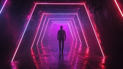 Neon geometric figure in a dark tunnel with laser glow effects