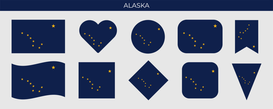 Alaska state flag set. American state flag of different shapes. Vector illustration isolated on white background